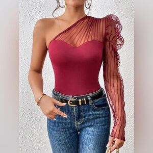 LAST CHANCE!! One-Shoulder Burgundy Sheer Mesh Top